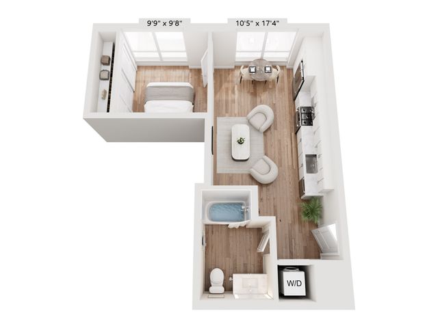 Modern 1-bedroom apartment floor plan featuring an open-concept living area, sleek kitchen, and cozy bedroom with ample natural light.