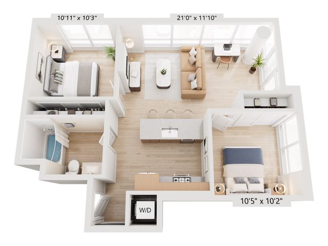 Contemporary 3D floor plan showcasing two cozy bedrooms, elegant open-concept living area, modern kitchen with island, and natural light-filled living space.