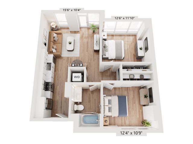Contemporary floor plan showcasing 2 bedrooms, a cozy living room, and a modern kitchen with hardwood floors.