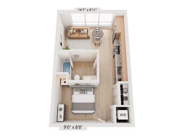 Chic and functional apartment floor plan featuring an inviting living area, cozy bedroom, modern kitchen, and a compact bathroom, perfect for urban living.
