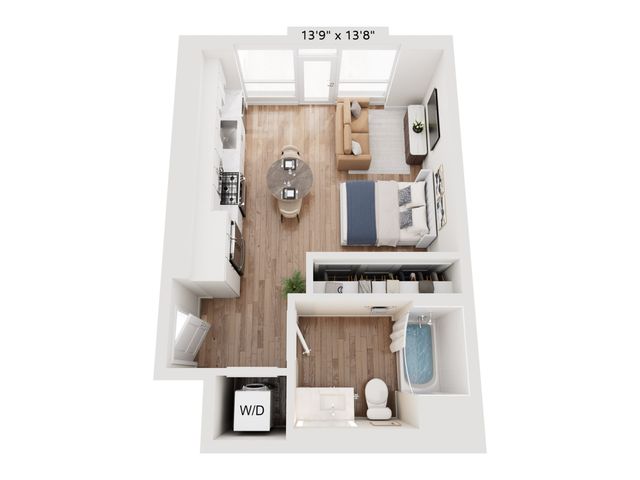 Chic studio floor plan featuring an open-concept kitchen, cozy living area, and efficient storage solutions, perfect for modern living.
