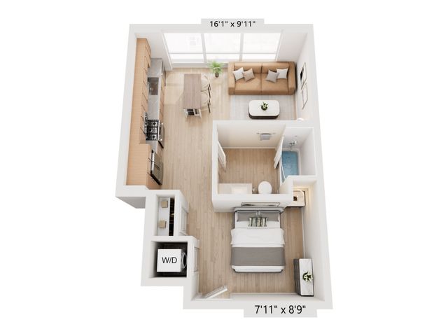 Chic apartment floor plan featuring an open-concept kitchen with island, cozy living area, and a serene bedroom with en-suite bath. Includes in-unit washer/dryer.