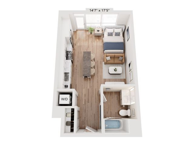 Modern studio apartment featuring an open layout with cozy living area, stylish kitchen, and elegant bathroom.