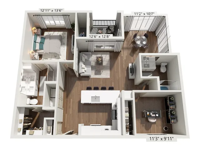 Modern floor plan featuring a spacious layout with one bedroom, an open-concept living area, stylish kitchen, and dedicated office space.