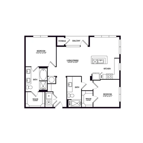 Modern floor plan showcasing two spacious bedrooms, open living/dining area, sleek kitchen with island, two baths, balcony, and ample storage. Ideal for stylish urban living.