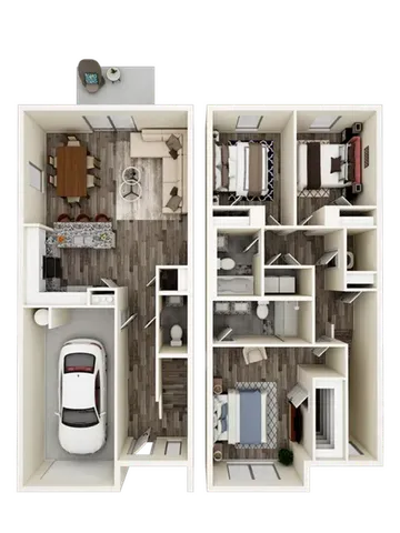 Modern two-story floor plan showcasing three bedrooms, two bathrooms, and an open-concept living area with a stylish kitchen. Includes a garage and outdoor patio space, perfect for comfortable and convenient living.
