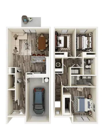 Modern 3D floor plan showcasing a spacious layout with three bedrooms, open dining and living space, sleek kitchen, and an attached garage.