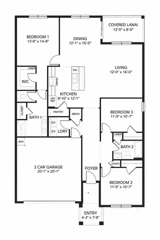 Elegant floor plan showcasing 3 spacious bedrooms, a modern open kitchen, and a cozy living area with a covered lanai. Includes a 2-car garage and convenient laundry room.