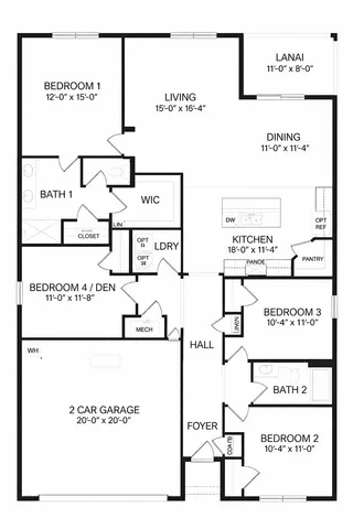 Elegant floor plan showcasing 4 bedrooms, open living area, spacious kitchen with pantry, and 2-car garage.