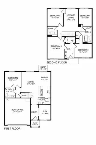 Inviting floor plan showcasing a spacious 5-bedroom home with an open-concept living area, modern kitchen, and a convenient 2-car garage. The second floor offers a cozy upstairs living space, perfect for family gatherings.
