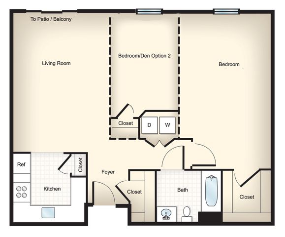 Modern floor plan showcasing a single-bedroom layout with versatile den space, spacious living room opening to a patio, and a well-equipped kitchen, ideal for a stylish urban lifestyle.