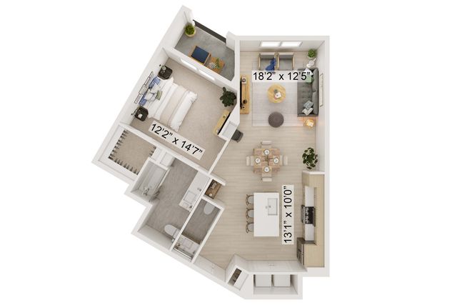 Modern floor plan showcasing a spacious 1-bedroom apartment with an open living room, stylish kitchen, and cozy bathroom.
