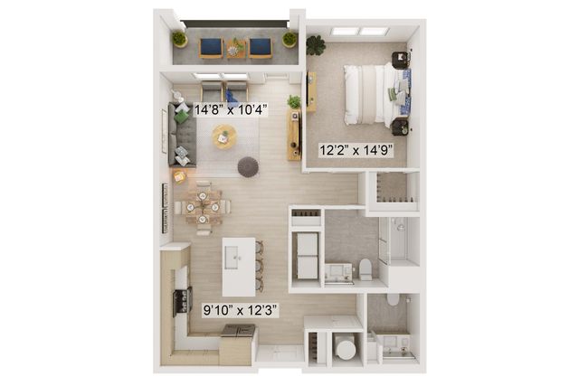 Modern floor plan featuring a spacious bedroom, open-concept living and dining area, contemporary kitchen, and stylish balcony. Ideal for sophisticated living.