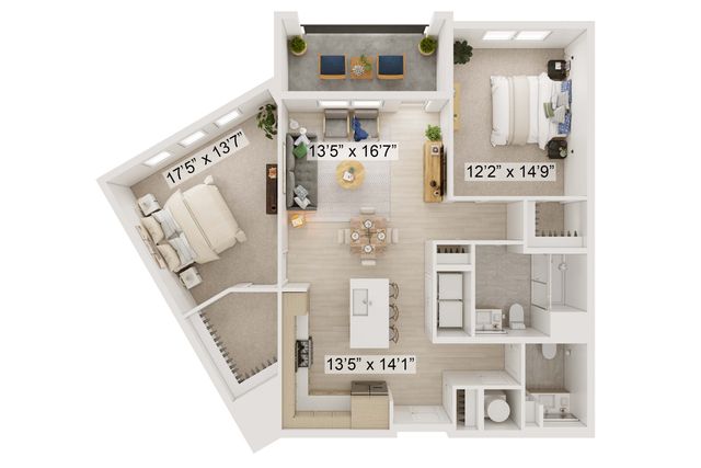 Modern apartment floor plan showcasing a spacious layout with two bedrooms, an open-concept living room, sleek kitchen with island, and a cozy balcony.