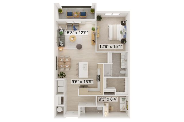 Modern and spacious apartment floor plan featuring an open-concept living area, sleek kitchen with island, large bedroom, and stylish dining space.
