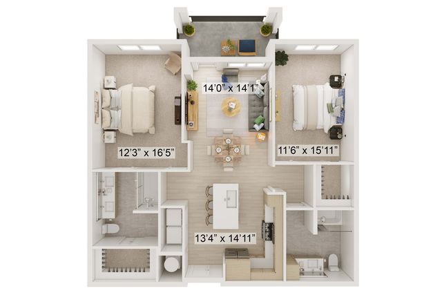 Contemporary 2D floor plan showcasing a spacious apartment with 2 bedrooms, elegant open-concept living and dining area, modern kitchen, and stylish furnishings.