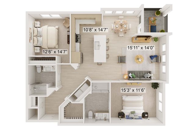 Modern 2D floor plan showcasing a spacious two-bedroom apartment with an open-concept living and dining area, chic kitchen, and two contemporary bathrooms.