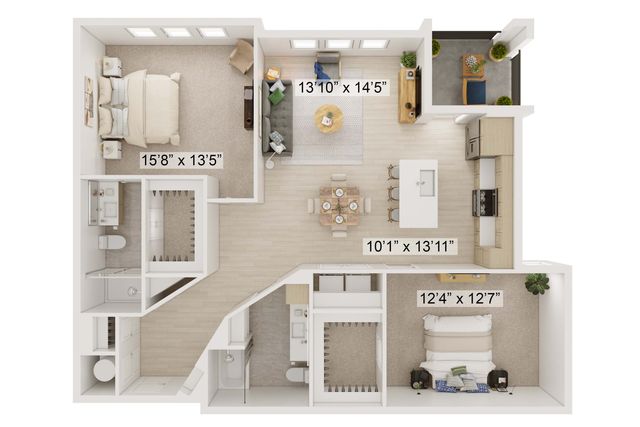 Modern 2-bedroom apartment floor plan with spacious master suite, open-concept living room, and contemporary kitchen with island.