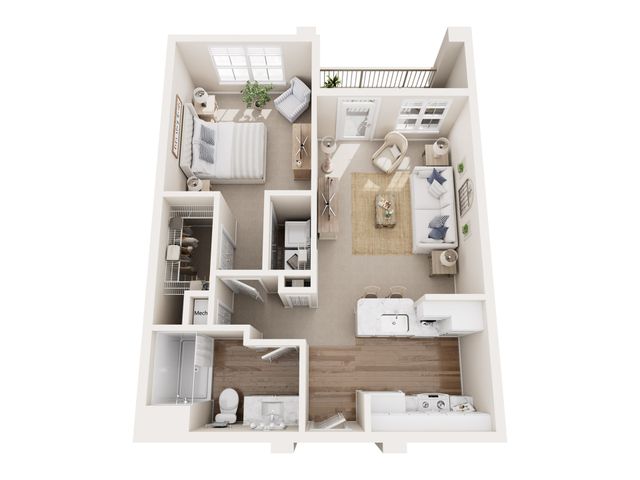 Modern 1-bedroom apartment floor plan with open-concept kitchen and living room, spacious bathroom, and private balcony.