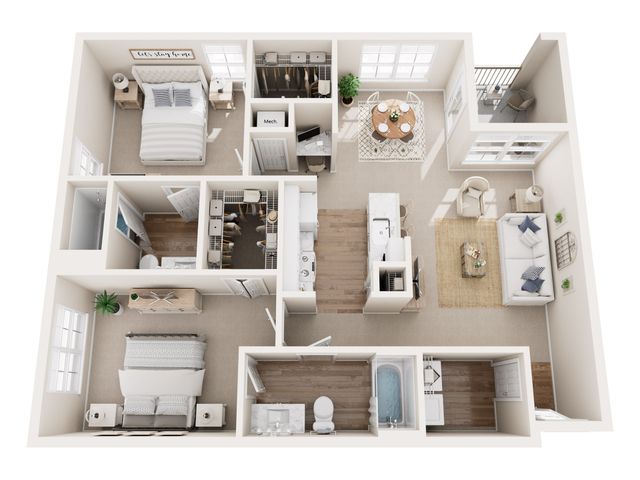 Modern floor plan showcasing two cozy bedrooms, an inviting open-concept living area, stylish dining space, and a well-appointed kitchen, perfect for comfortable living.