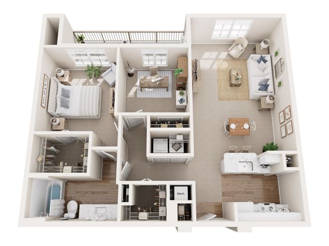 Charming floor plan with a cozy bedroom, stylish office space, inviting living room, and modern kitchen. Perfect for a comfortable lifestyle.