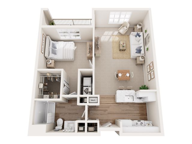 Cozy 1-bedroom apartment layout with open living area, modern kitchen, and spacious bathroom. Features include a welcoming atmosphere, ample natural light, and functional storage.