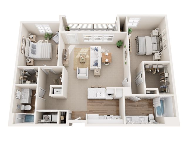 Chic 3D floor plan showcasing 2 bedrooms, a cozy living area with natural light, and a modern kitchen with ample storage.