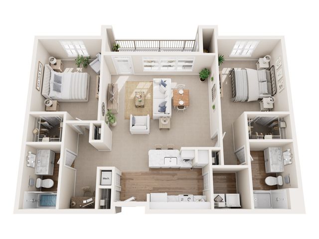 Chic 3D floor plan showcasing two elegant bedrooms, a cozy open-concept living and dining area, a modern kitchen, and two sleek bathrooms with ample natural light.