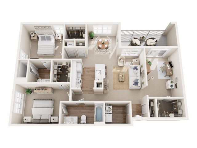 Elegant 3D floor plan showcasing a modern 2-bedroom apartment with open-concept living and dining area, spacious kitchen, cozy study nook, and a charming balcony.