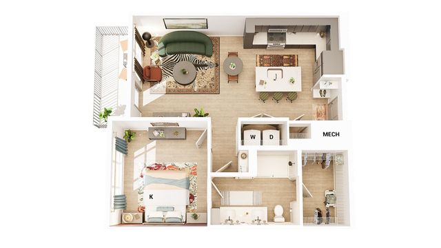 Modern 2D floor plan showcasing a single-bedroom apartment with a chic living area, stylish kitchen, and elegant bathroom. Features open space concept with vibrant decor.
