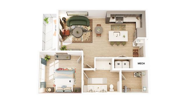 Modern open-concept floor plan showcasing a cozy bedroom, stylish living room, sleek kitchen, and a functional bathroom layout.