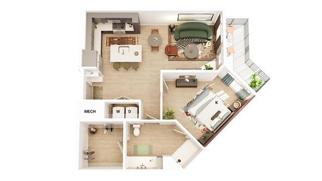 Chic floor plan featuring a bedroom, open-concept living area, sleek kitchen, and a cozy balcony for an inviting and modern living space.