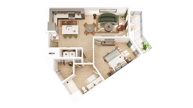 Chic apartment floor plan featuring a spacious bedroom, open-concept kitchen, elegant living area, and a private balcony with lush greenery.