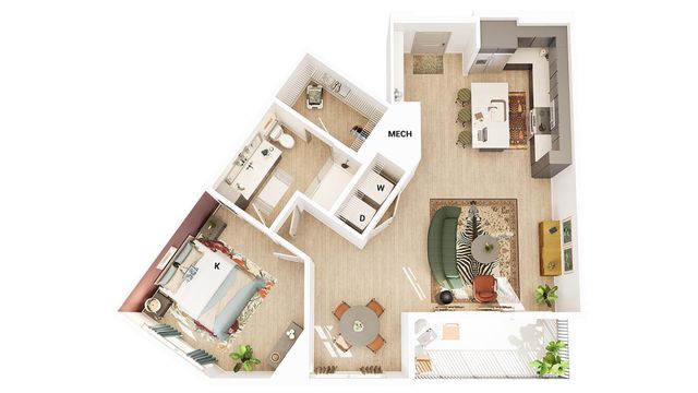 Modern floor plan showcasing a spacious one-bedroom apartment with open-concept living room, stylish kitchen, and elegant bathroom, ideal for contemporary living.