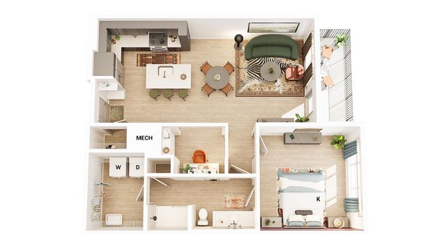 Modern 1-bedroom apartment floor plan with open-concept kitchen and living area, featuring stylish furnishings and ample natural light.