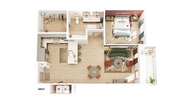 Modern open-concept floor plan with spacious kitchen, vibrant living area, cozy bedroom, elegant bathroom, and convenient laundry room.