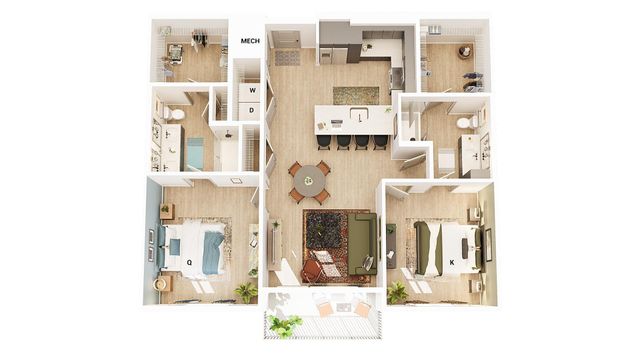Inviting modern floor plan featuring 2 bedrooms, an open-concept living and dining area, and a stylish kitchen with a breakfast bar.