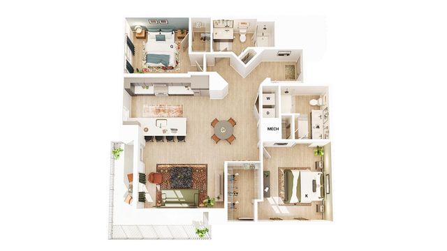Modern floor plan showcasing two luxurious bedrooms, spacious open-concept living and dining area, sleek kitchen, and cozy balcony.