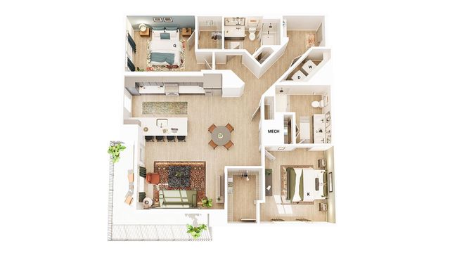 Modern floor plan showcasing two bedrooms, expansive living area, gourmet kitchen, and two luxurious bathrooms. Perfect urban living with stylish design.