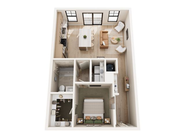 Chic floor plan showcasing 1 bedroom, modern kitchen, and cozy living area with wooden flooring and natural light.