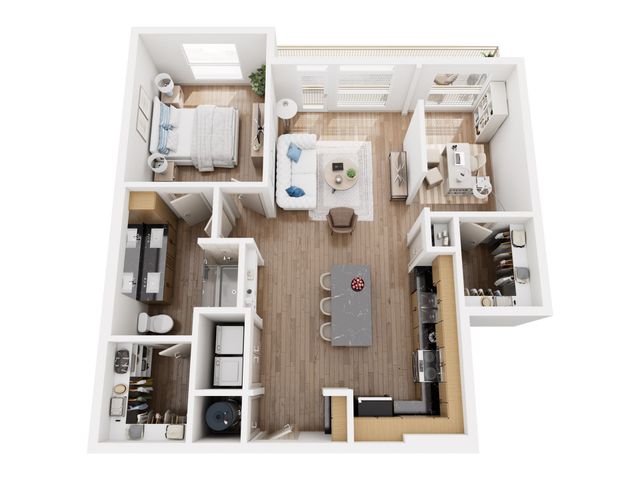 Chic open-layout floor plan featuring a cozy bedroom, modern kitchen with island, spacious living area, and stylish office nook.