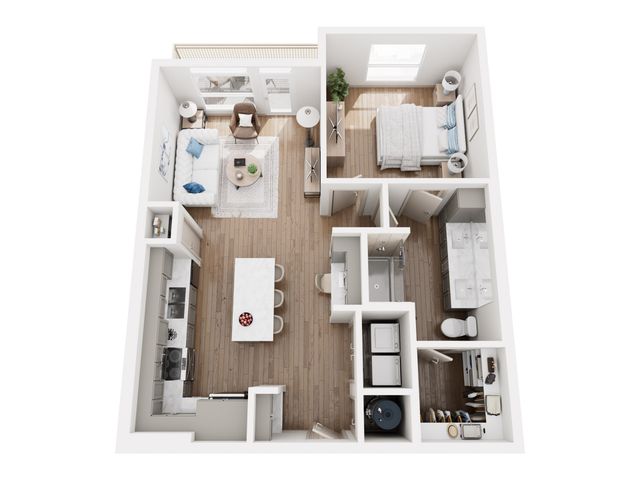 Modern open-plan 1-bedroom apartment with spacious kitchen, cozy living room, and luxurious bathroom.