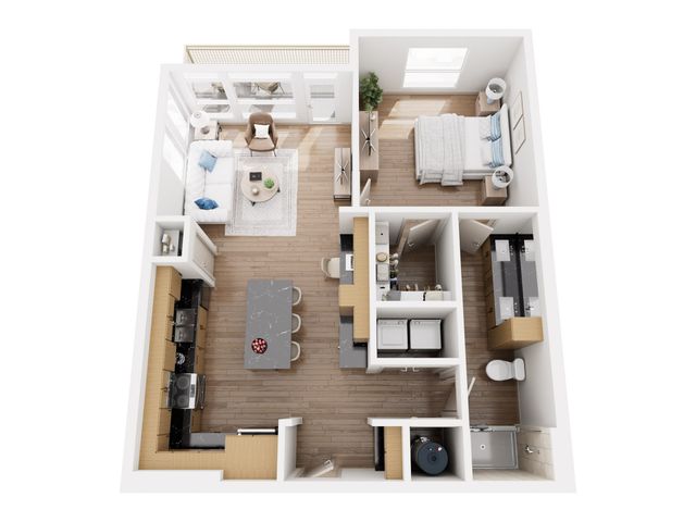 Chic 3D floor plan showcasing a modern open-concept layout with a cozy living room, sleek kitchen, one bedroom, and stylish bathroom.