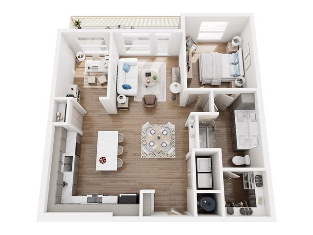 Modern 2D floor plan showcasing a 1-bedroom apartment with open-concept living and dining area, stylish kitchen, and spacious bathroom, enhanced by a private balcony.