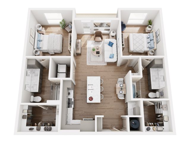 Modern and spacious 3D floor plan featuring two bedrooms, two elegant bathrooms, an open-concept kitchen with island seating, and a cozy living area perfect for relaxation.