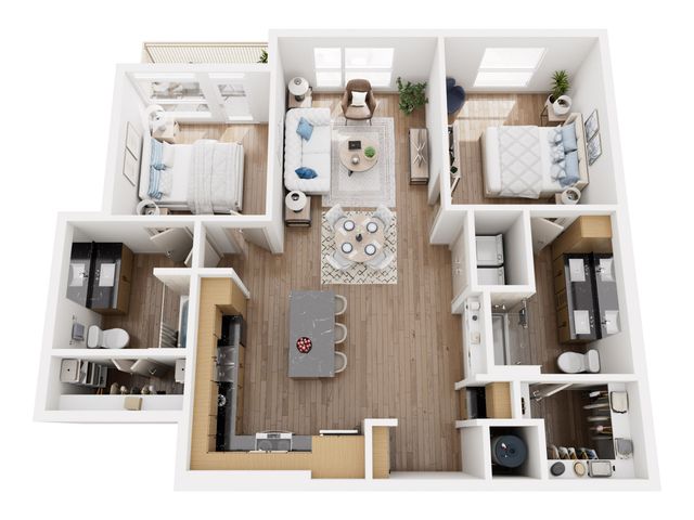 Modern 3D floor plan featuring 2 bedrooms, a cozy open-concept living area, stylish kitchen island, and dual bathrooms with elegant finishes.