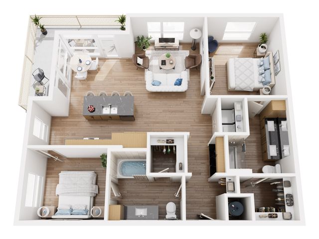 Modern floor plan featuring 2 bedrooms, sleek open-concept kitchen with island seating, stylish living room, two contemporary bathrooms, and a cozy balcony space.
