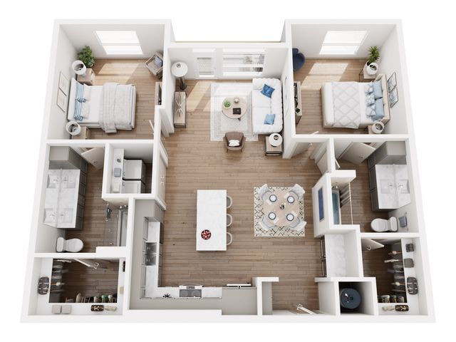 Sophisticated 3D floor plan showcasing two bedrooms, modern kitchen with island, open-concept living area, and stylish dining space.