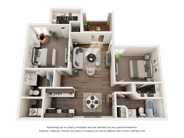 Modern 3D floor plan showcasing two bedrooms, a cozy living area, and a sleek kitchen with elegant finishes.