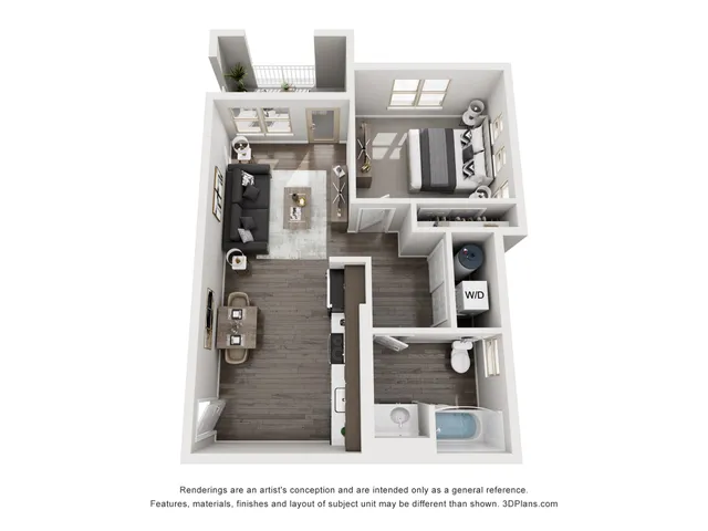 Modern 3D floor plan showcasing a cozy one-bedroom apartment with an elegant living area, sleek kitchen, and a convenient bathroom layout.